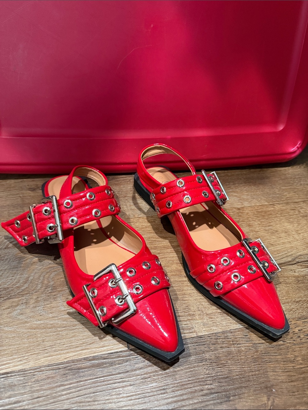 Red Pointed Buckle-Strap Women's Flats